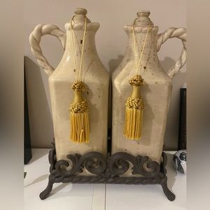 Artimino Tuscan Countryside Cream oil and vinegar decorative jars with base.
